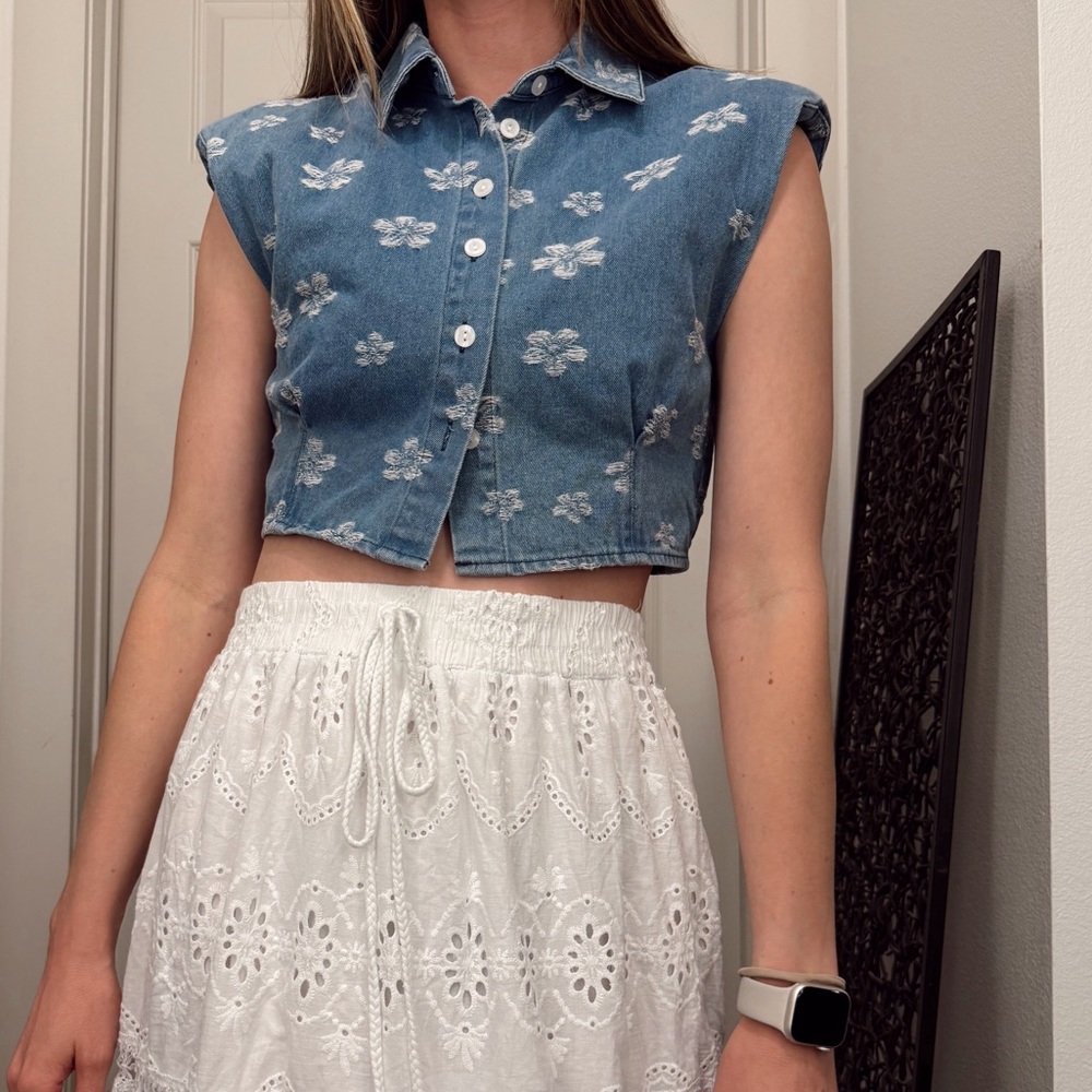 New! Denim button-down top with flowers